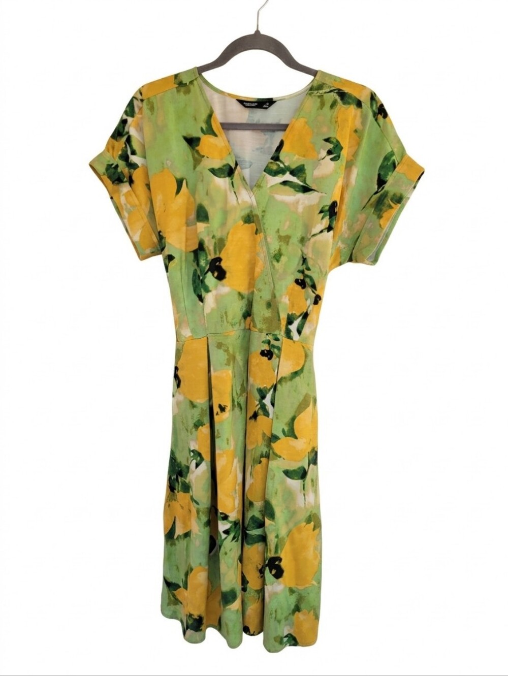 ​Simply Vera Vera Wang Floral Mock Wrap Dress M Green Yellow Tie Back Gardencore